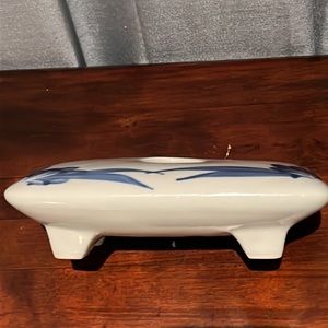 Ikebana Signed Studio Art Pottery Vase w/ Flower Frog & Blue Floral Decoration